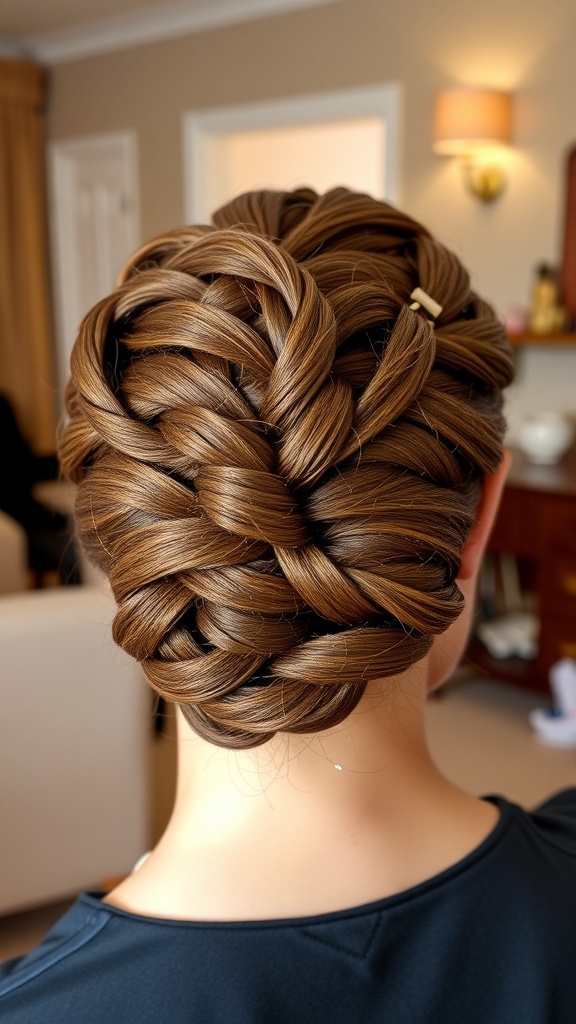 A close-up of a classic braided bread hairstyle with a bun, beautifully styled and adorned with hairpins.